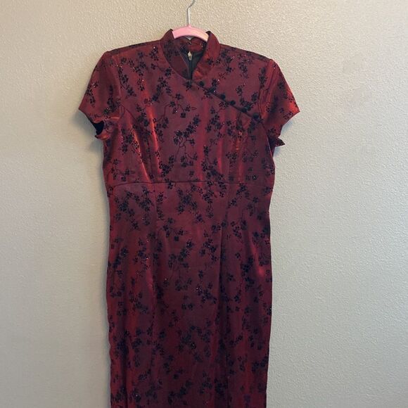 Vintage- dark red Japanese inspired dress- Size 10P - Picture 2 of 11